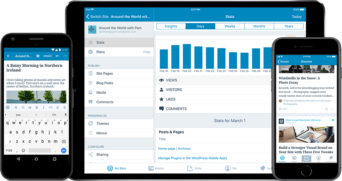 Devices showing the WordPress mobile app